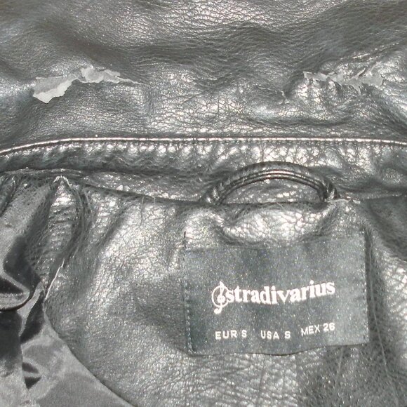 Stradivarius Edgy Stylish Black Asymmetrical Faux Leather Moto Jacket Coat ~ S - Picture 4 of 5